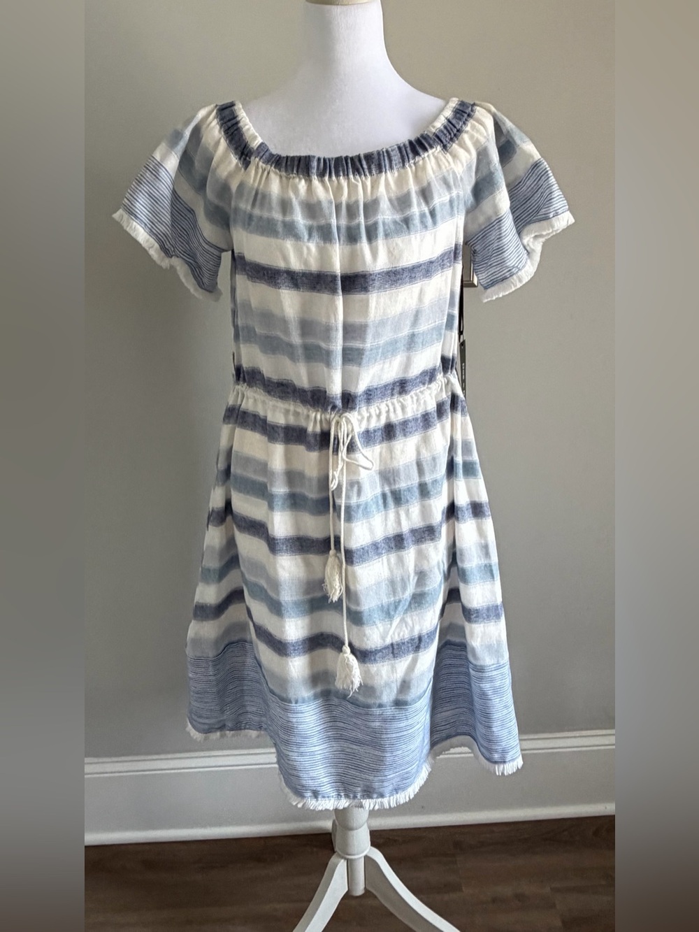 Doe & Rae Navy and White Striped Off-Shoulder Sundress